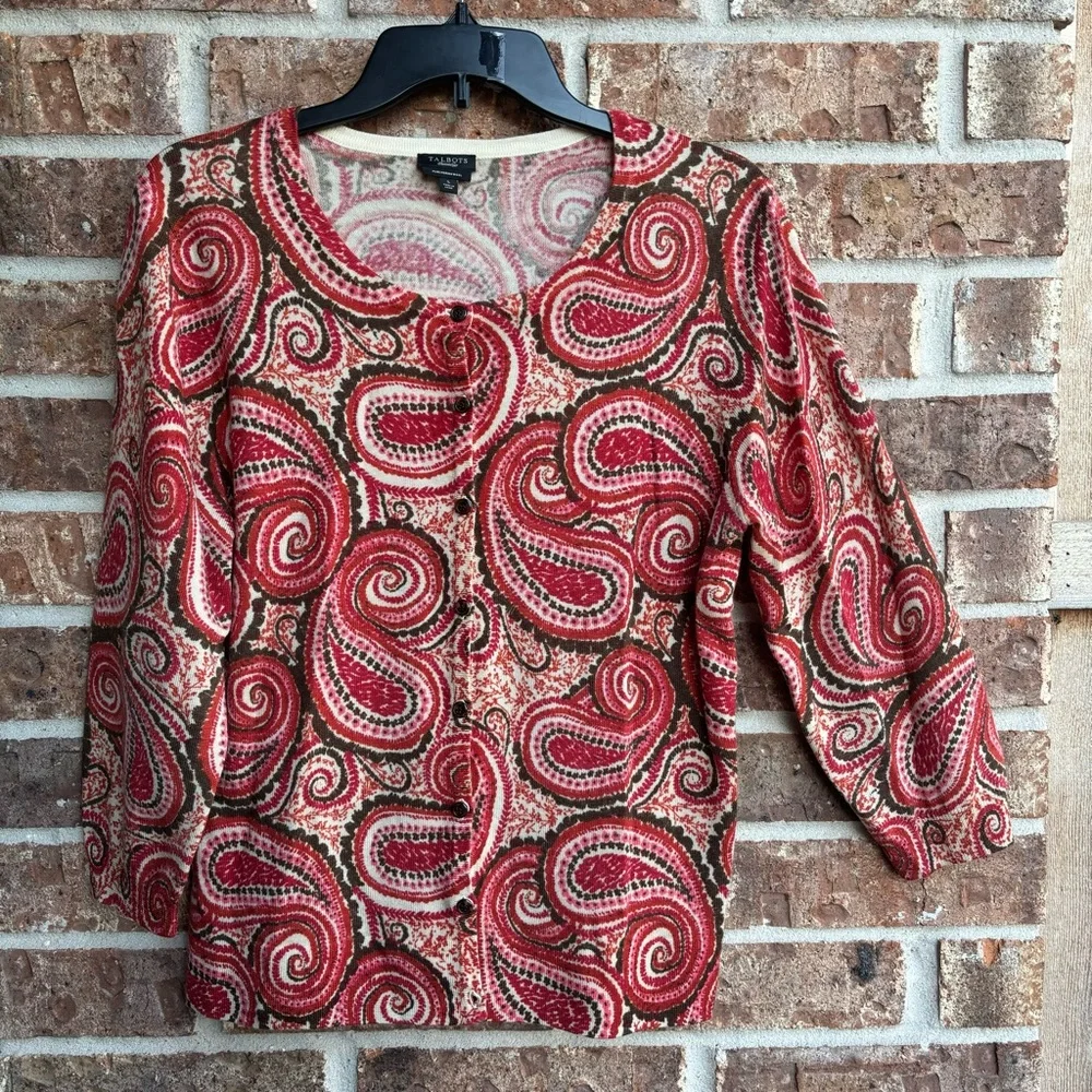 Talbots Pure Merino Wool Cardigan 3/4 Sleeve Burnt Orange Paisley